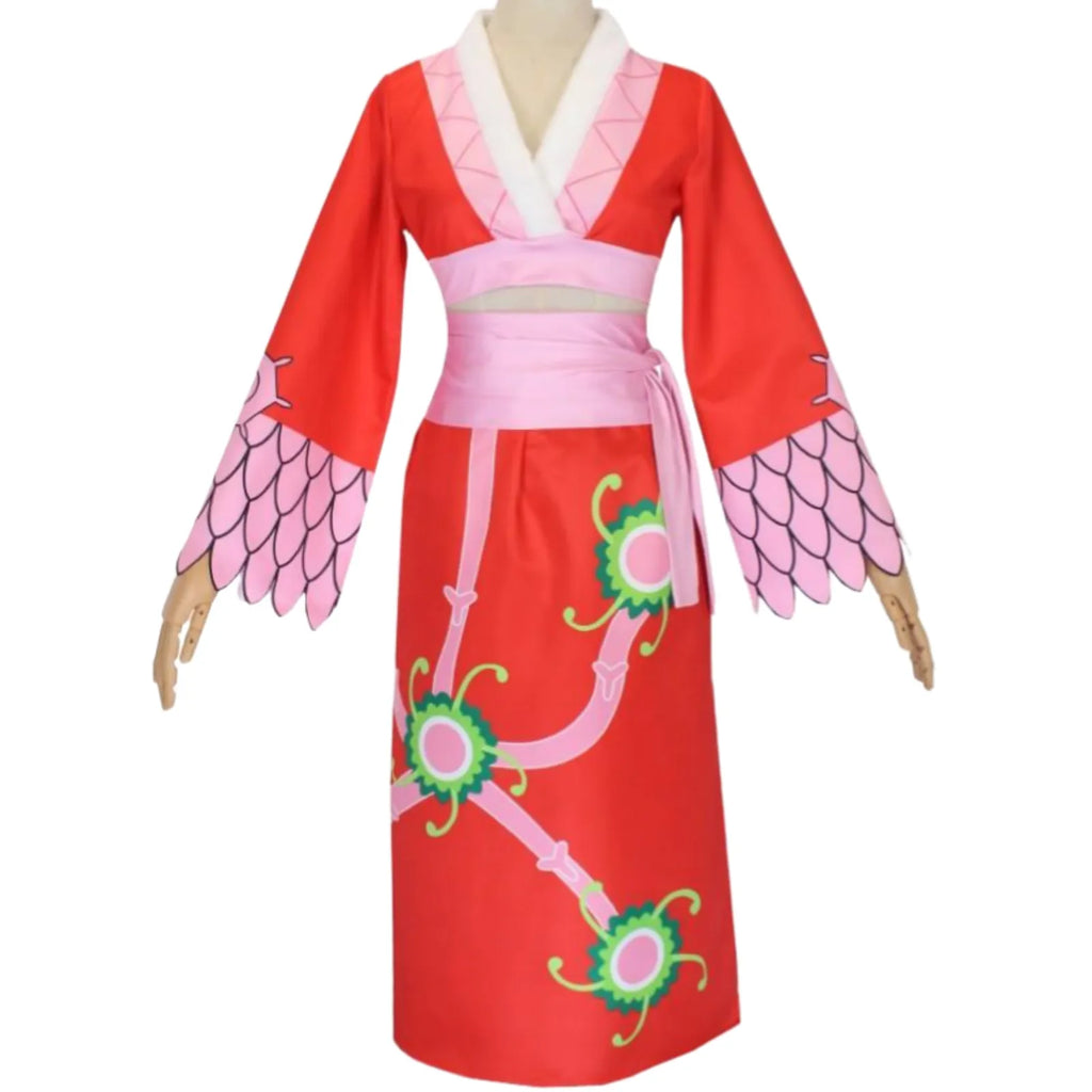 front view boa hancock cosplay dress, red long skirt with flower print, pink scale sleeve details, pink wrap sash on mannequin
