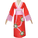 front view boa hancock cosplay dress, red long skirt with flower print, pink scale sleeve details, pink wrap sash on mannequin