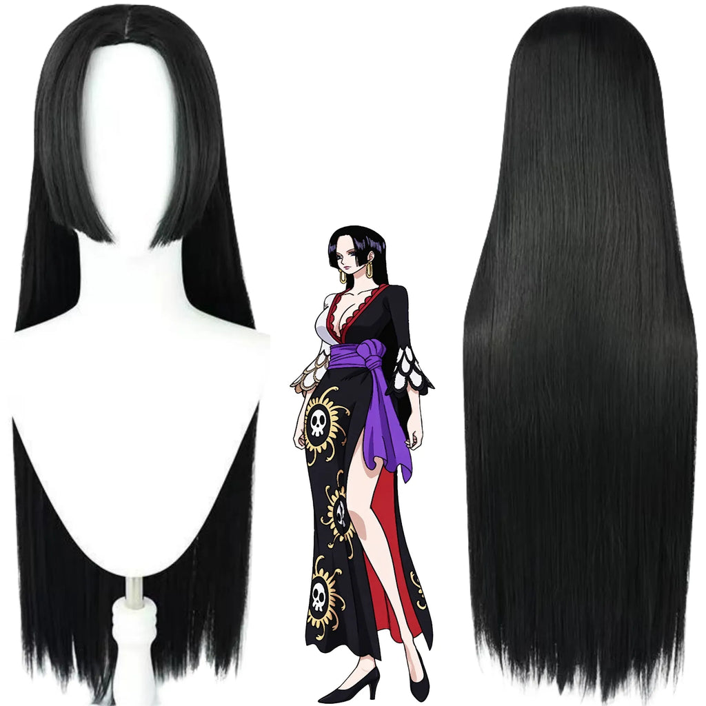 front and back view of boa hancock cosplay wig, long black straight wig, one piece boa hancock anime illustration