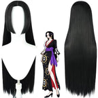 front and back view of boa hancock cosplay wig, long black straight wig, one piece boa hancock anime illustration
