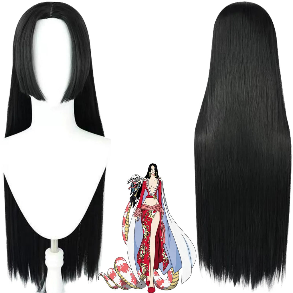 front and back view of boa hancock cosplay wig, long black straight wig, one piece boa hancock anime illustration