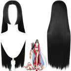 front and back view of boa hancock cosplay wig, long black straight wig, one piece boa hancock anime illustration