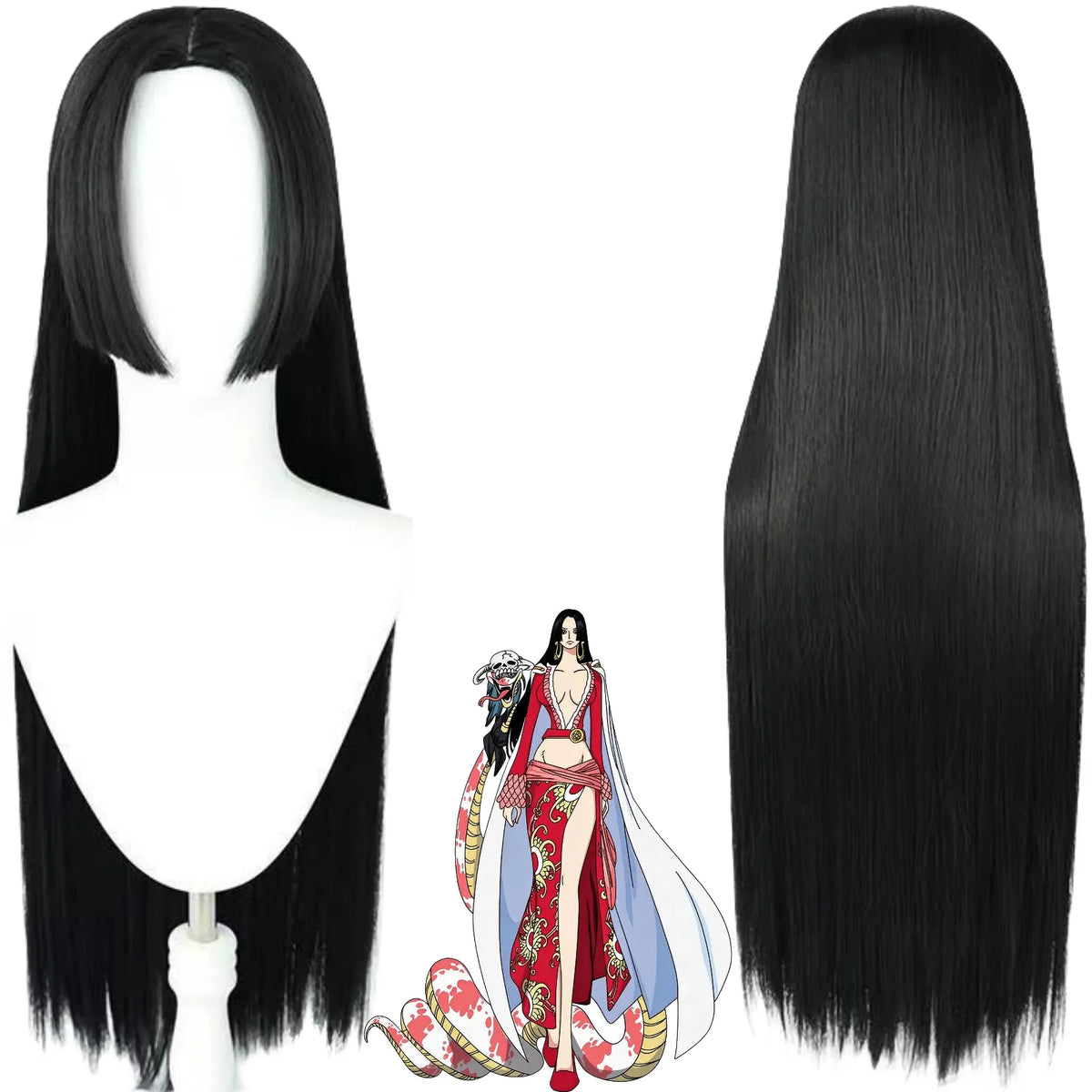 front and back view of boa hancock cosplay wig, long black straight wig, one piece boa hancock anime illustration