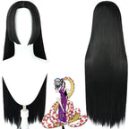 front and back view of boa hancock cosplay wig, long black straight wig, anime boa hancock illustration