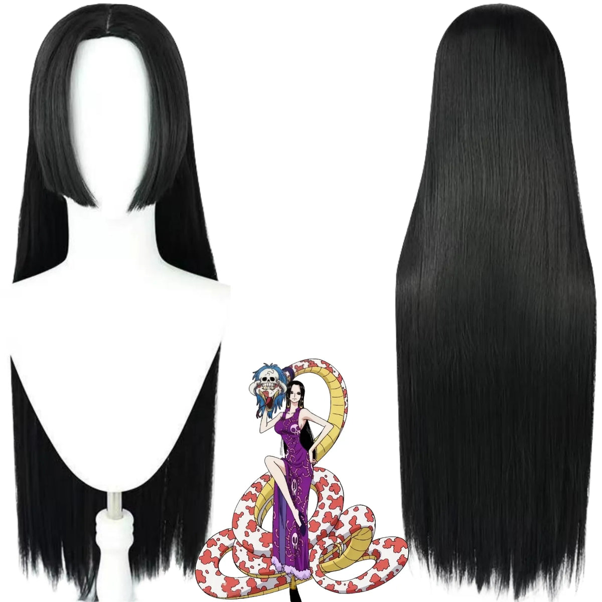 front and back view of boa hancock cosplay wig, long black straight wig, anime boa hancock illustration