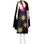 front view of boa hancock cosplay costume on mannequin, black cape with gold fringe, black long slit dress with gold skull pattern, purple sash