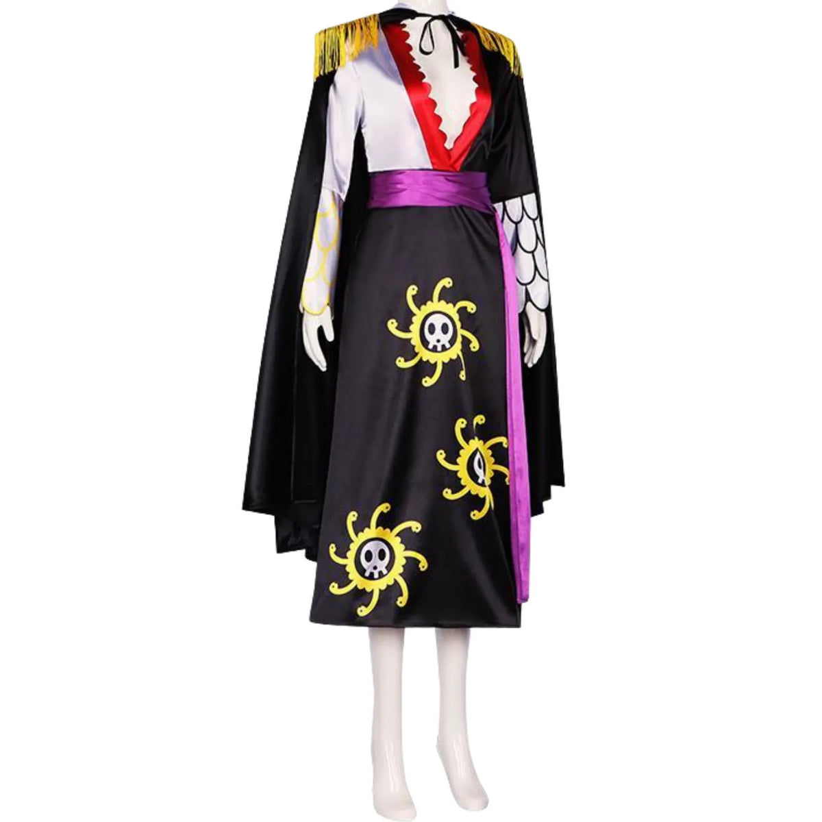 front view of boa hancock cosplay costume on mannequin, black cape with gold fringe, black long slit dress with gold skull pattern, purple sash