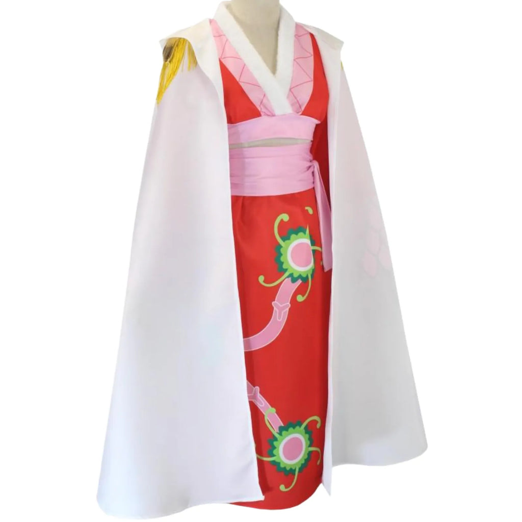 side view of boa hancock cosplay costume on mannequin, white cape with gold fringe, red long skirt with floral print, pink top and sash
