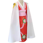 side view of boa hancock cosplay costume on mannequin, white cape with gold fringe, red long skirt with floral print, pink top and sash