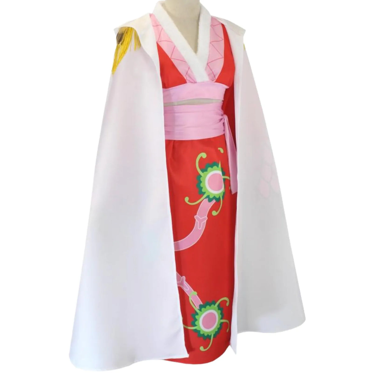 side view of boa hancock cosplay costume on mannequin, white cape with gold fringe, red long skirt with floral print, pink top and sash