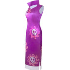 angled side shot of boa hancock purple qipao cosplay, sleeveless, side slit, pink skull pattern, white hem
