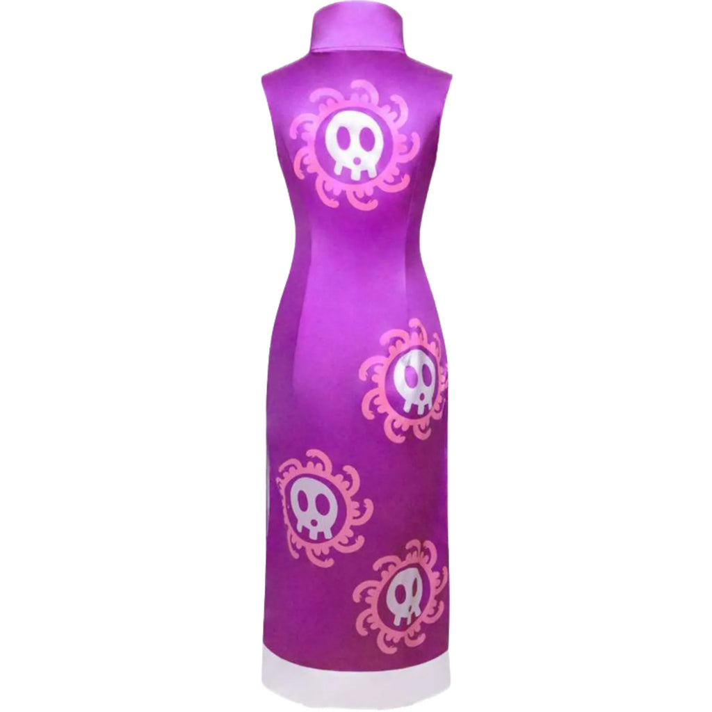 back view of boa hancock purple sleeveless qipao cosplay, pink skull prints, white bottom hem on mannequin