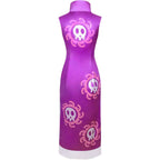 back view of boa hancock purple sleeveless qipao cosplay, pink skull prints, white bottom hem on mannequin