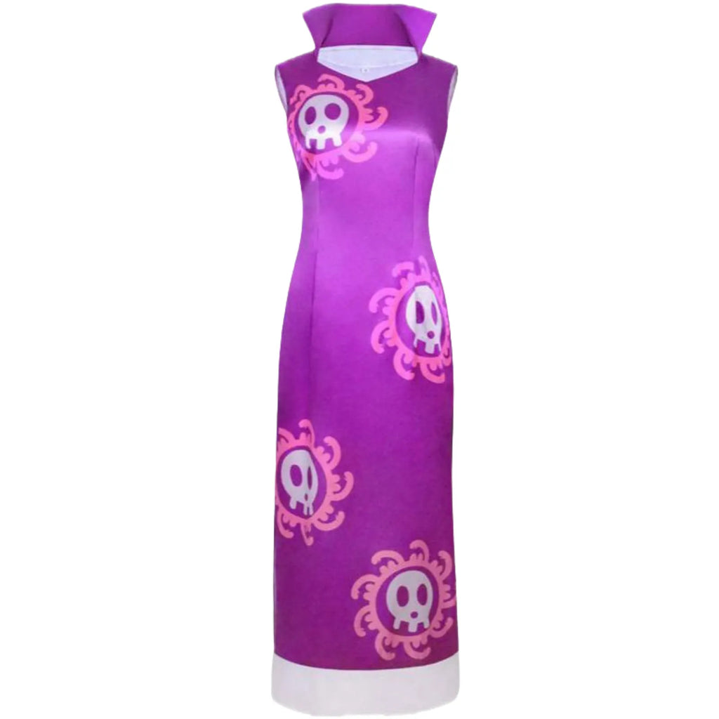 front view boa hancock purple qipao cosplay dress, pink skull logo prints, stand collar, white hem on mannequin
