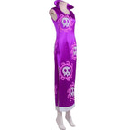 side view of boa hancock purple cosplay qipao on mannequin, pink skull pattern, side slit, white hem trim