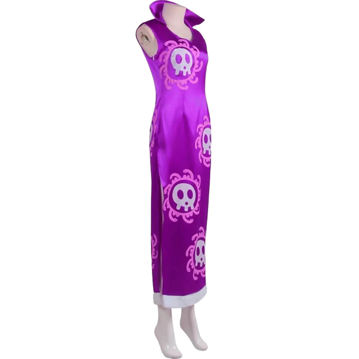 side view of boa hancock purple cosplay qipao on mannequin, pink skull pattern, side slit, white hem trim