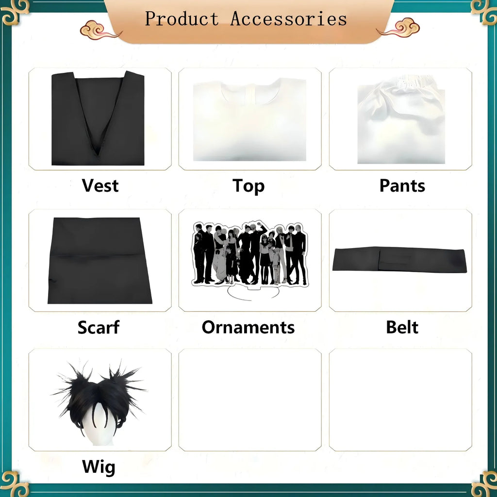 choso cosplay accessories including vest, top, pants, scarf, belt, wig and ornament