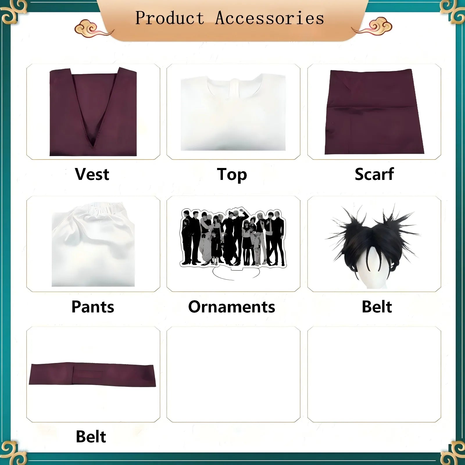 choso cosplay accessories including vest, top, scarf, pants, belt and wig
