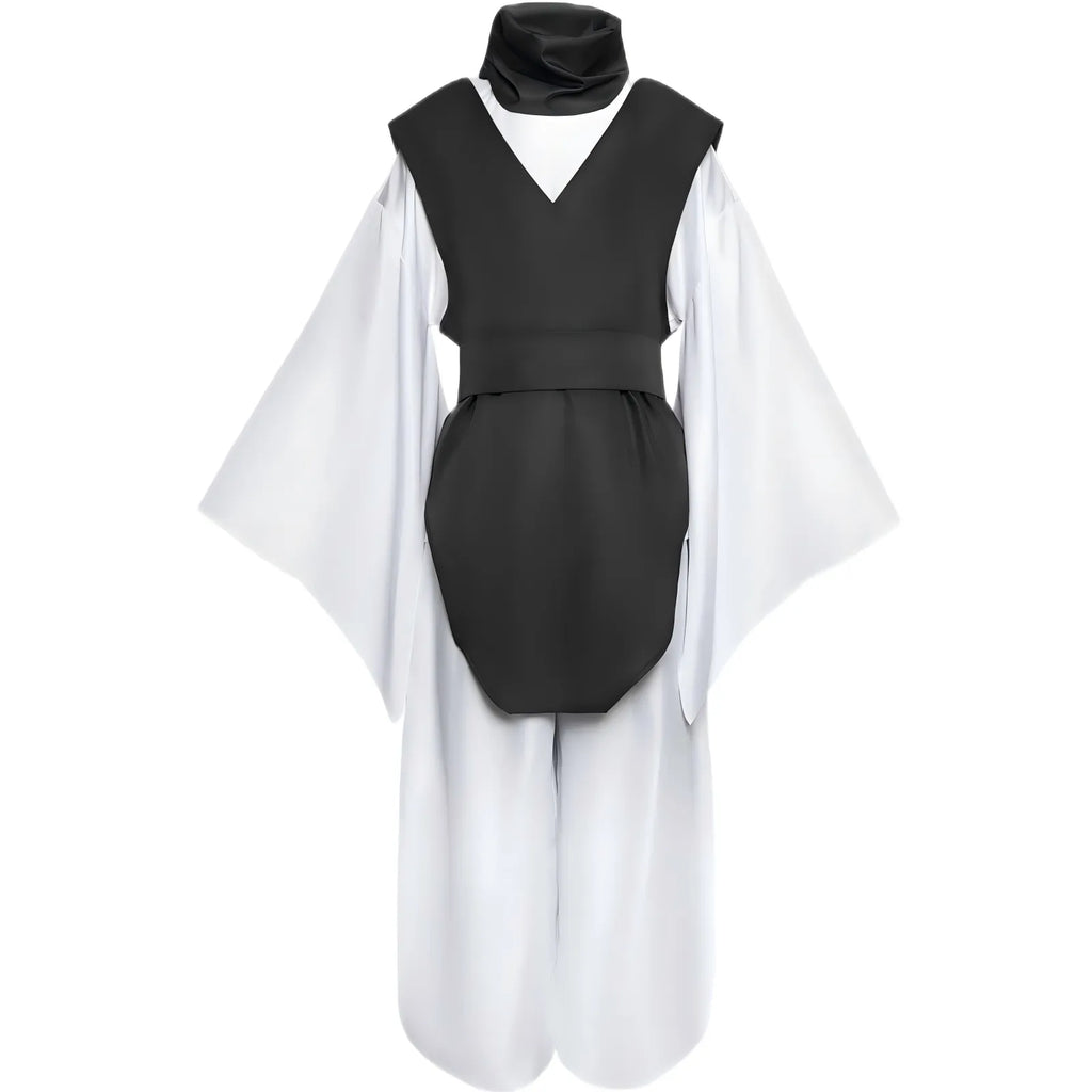 front shot choso cosplay, black vest, white wide sleeve top, neck scarf and loose trousers