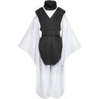 front shot choso cosplay, black vest, white wide sleeve top, neck scarf and loose trousers