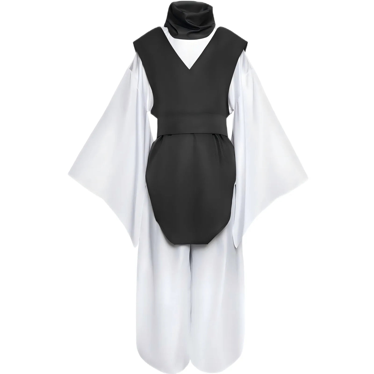 front shot choso cosplay, black vest, white wide sleeve top, neck scarf and loose trousers