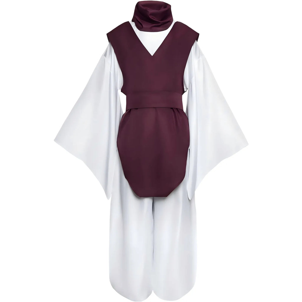 front shot of choso cosplay, burgundy vest, neck scarf, white wide sleeve top and loose pants