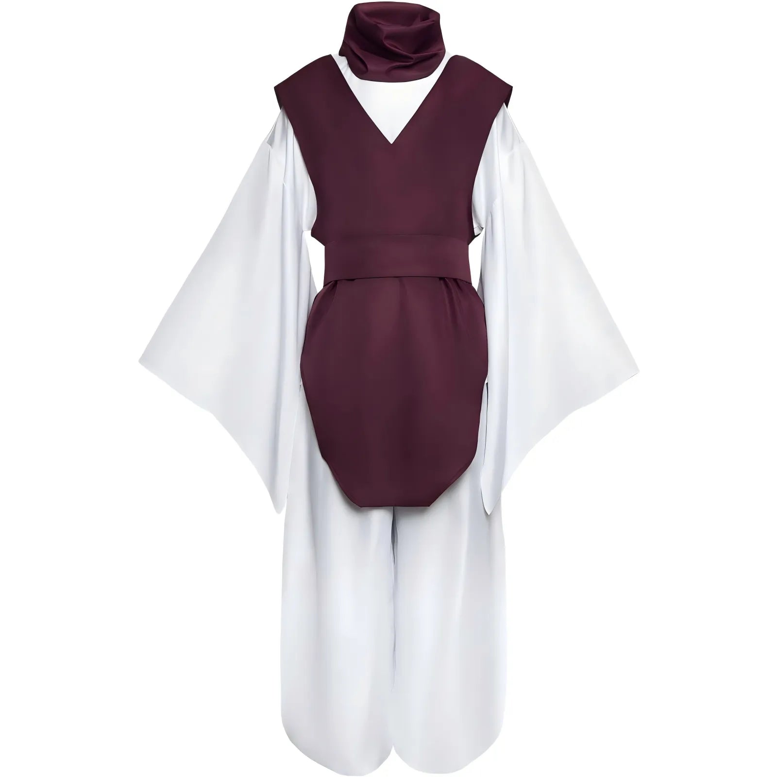 front shot of choso cosplay, burgundy vest, neck scarf, white wide sleeve top and loose pants