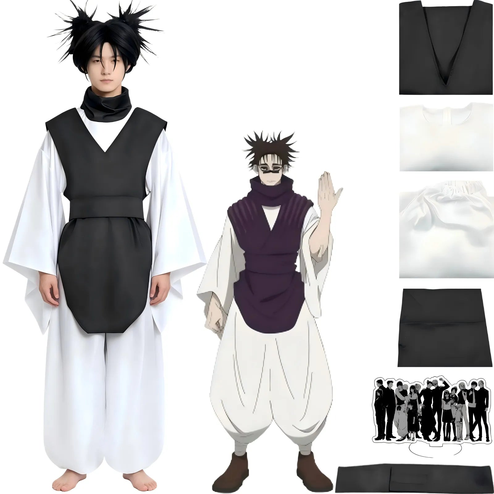 young male model wearing choso cosplay outfit, black vest white wide sleeve top and loose pants