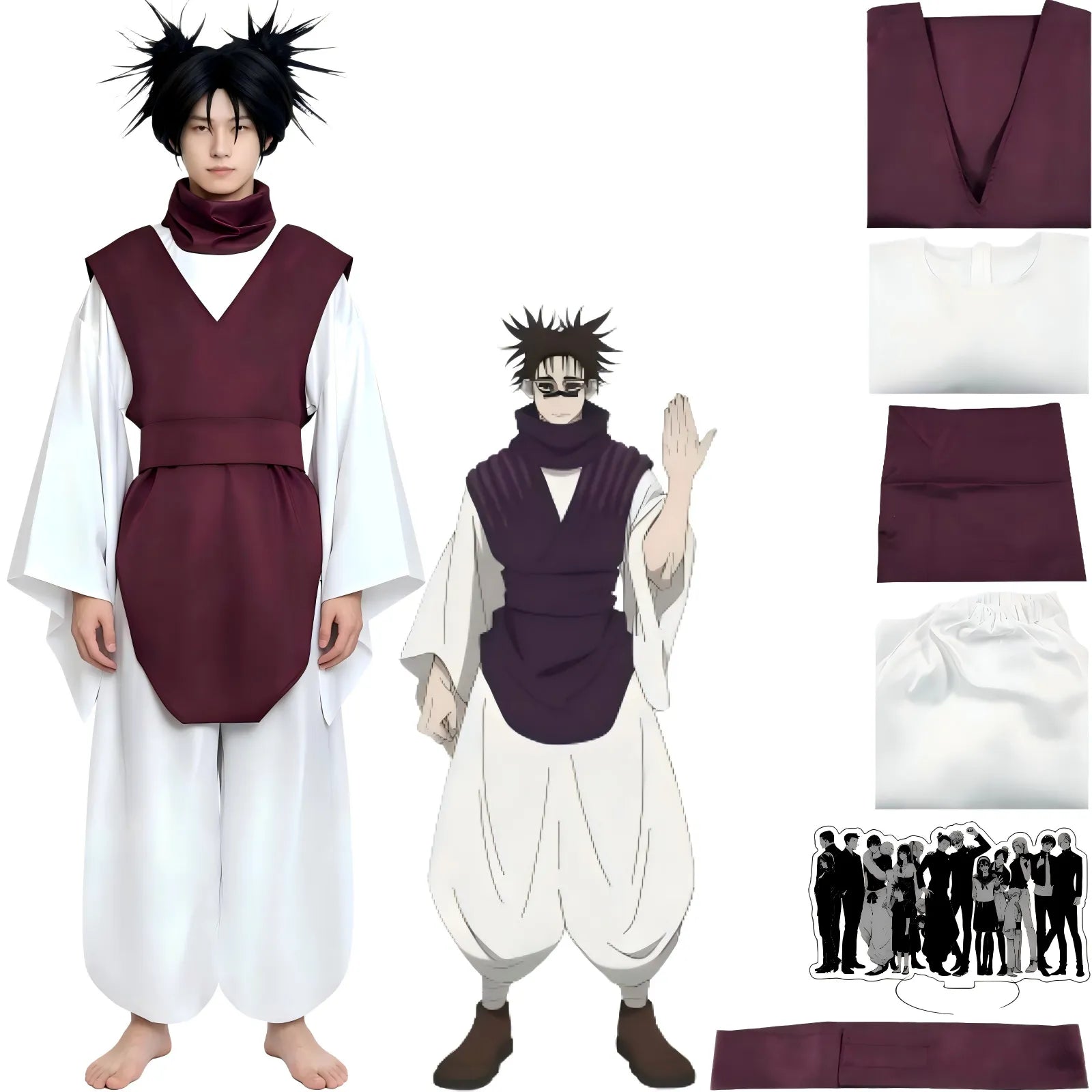 young male model in choso cosplay outfit, burgundy vest, white wide sleeve top and loose pants