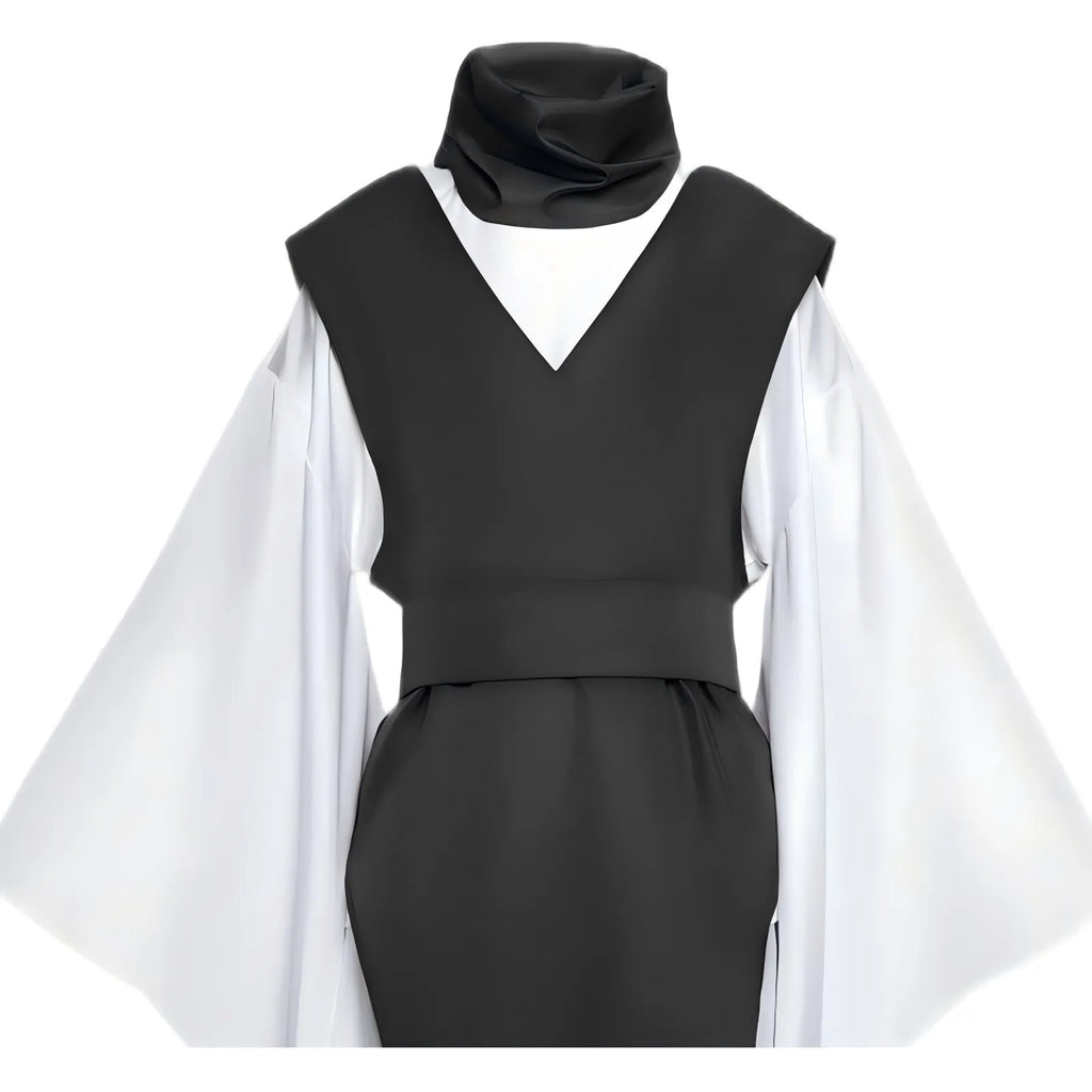 close up of choso cosplay top, black v-neck vest and white wide sleeves with neck scarf