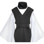 close up of choso cosplay top, black v-neck vest and white wide sleeves with neck scarf