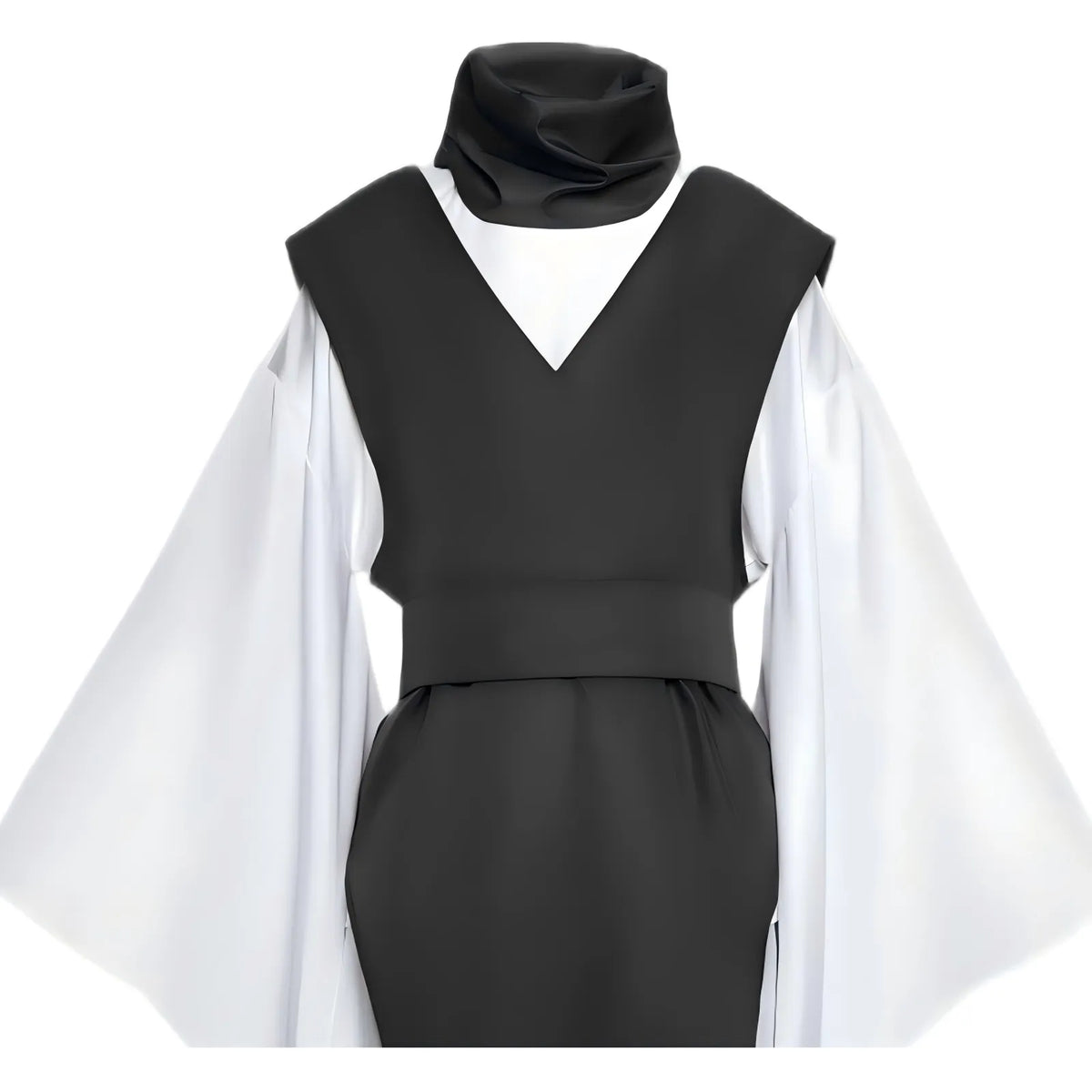 close up of choso cosplay top, black v-neck vest and white wide sleeves with neck scarf