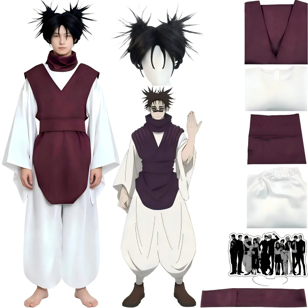 choso cosplay set with spiky black wig, full outfit and character reference art