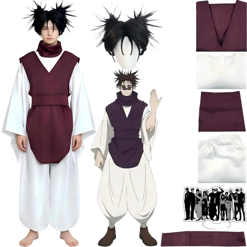 choso cosplay set with spiky black wig, full outfit and character reference art