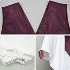 close up of choso costume fabric, vest stitching, pants elastic waist and sleeve texture