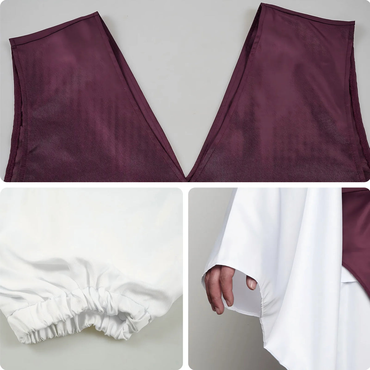 close up of choso costume fabric, vest stitching, pants elastic waist and sleeve texture