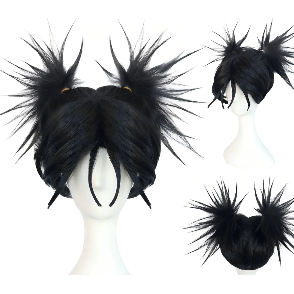 spiky black twin bun wig for choso cosplay, multiple angles display