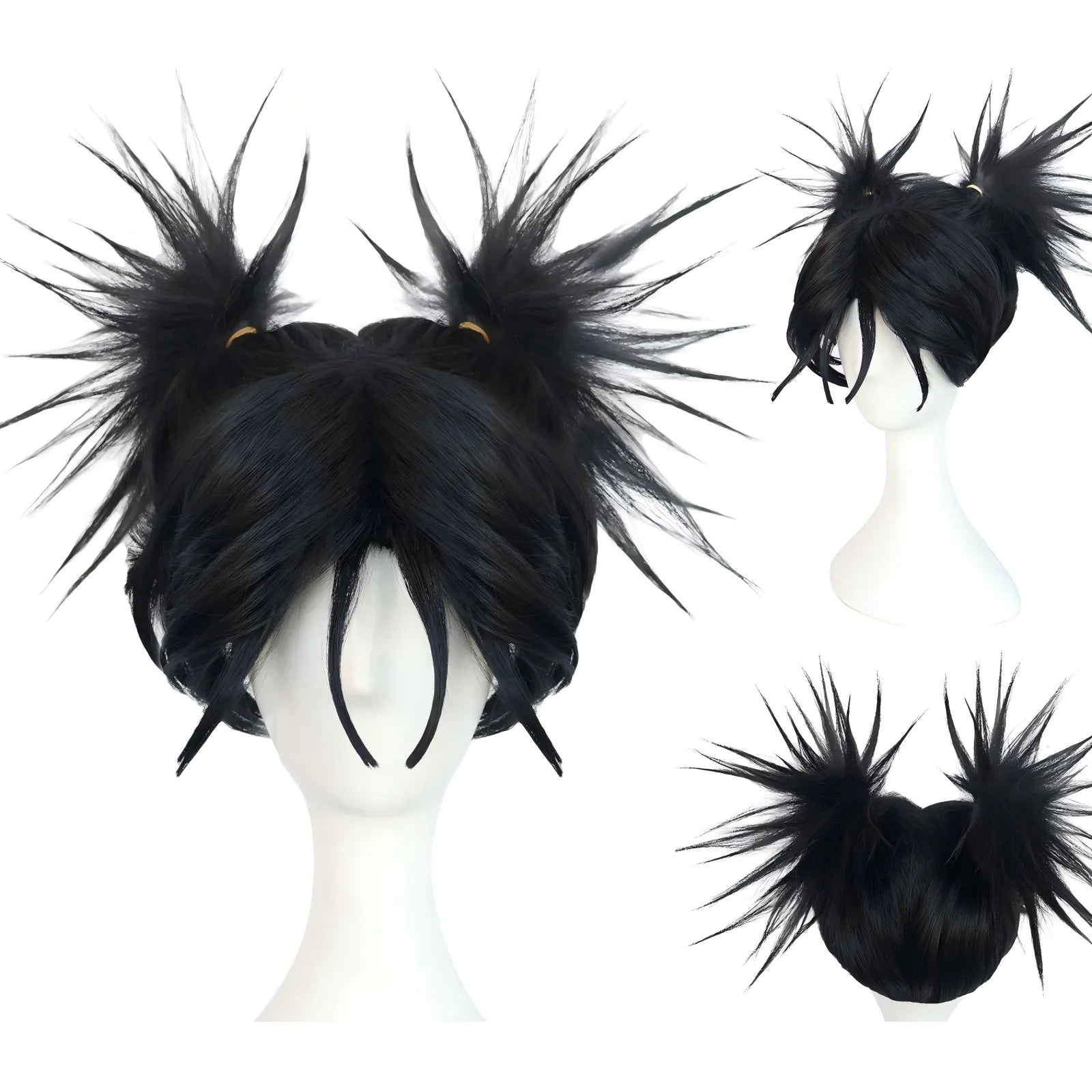 spiky black twin bun wig for choso cosplay, multiple angles display