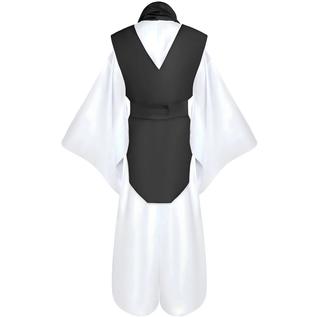 back view of choso cosplay costume, black vest, white kimono sleeves and baggy pants