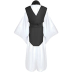 back view of choso cosplay costume, black vest, white kimono sleeves and baggy pants