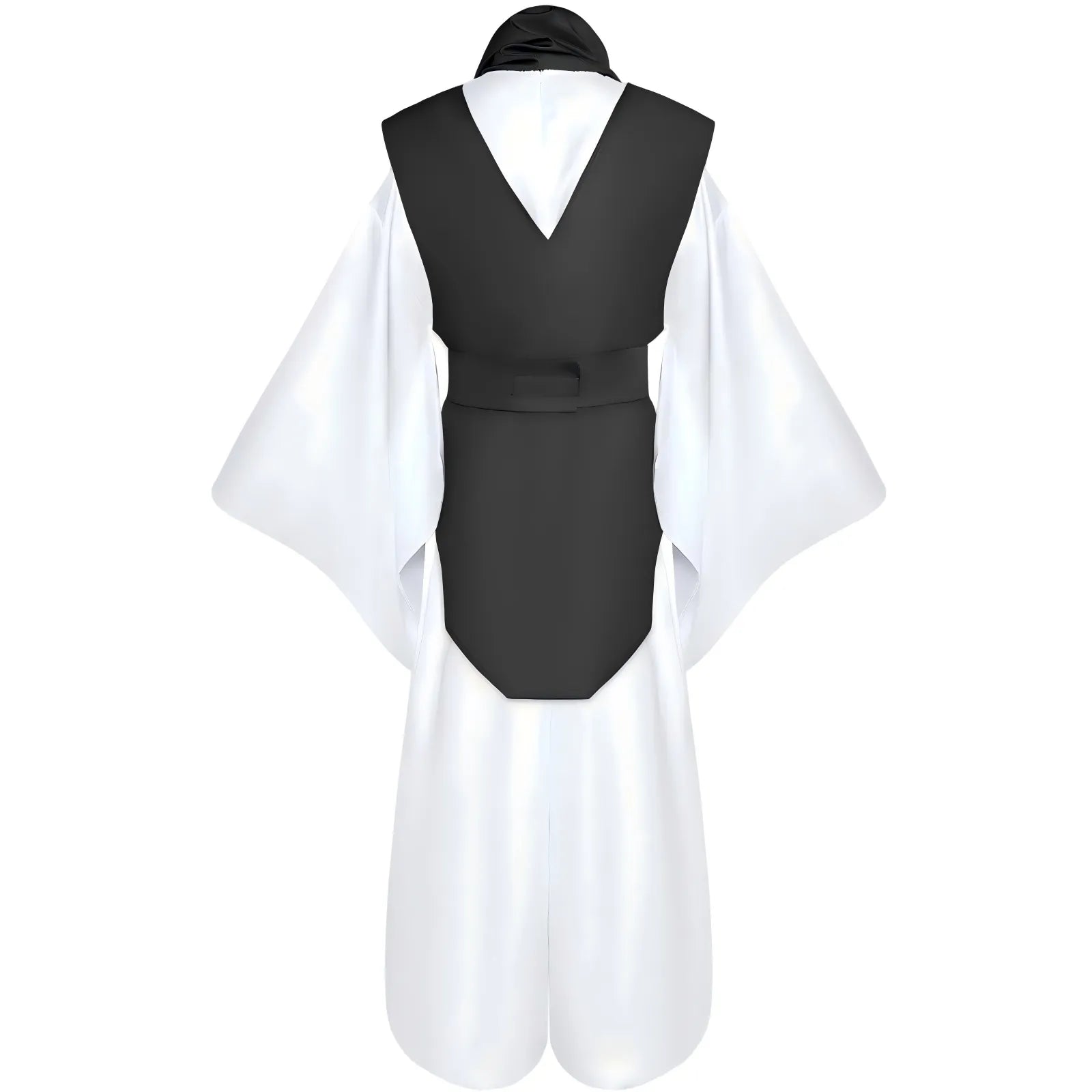 back view of choso cosplay costume, black vest, white kimono sleeves and baggy pants