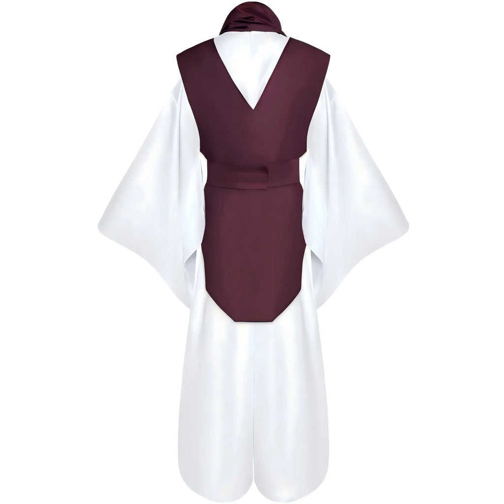 back view of choso cosplay costume, burgundy vest and white baggy trousers