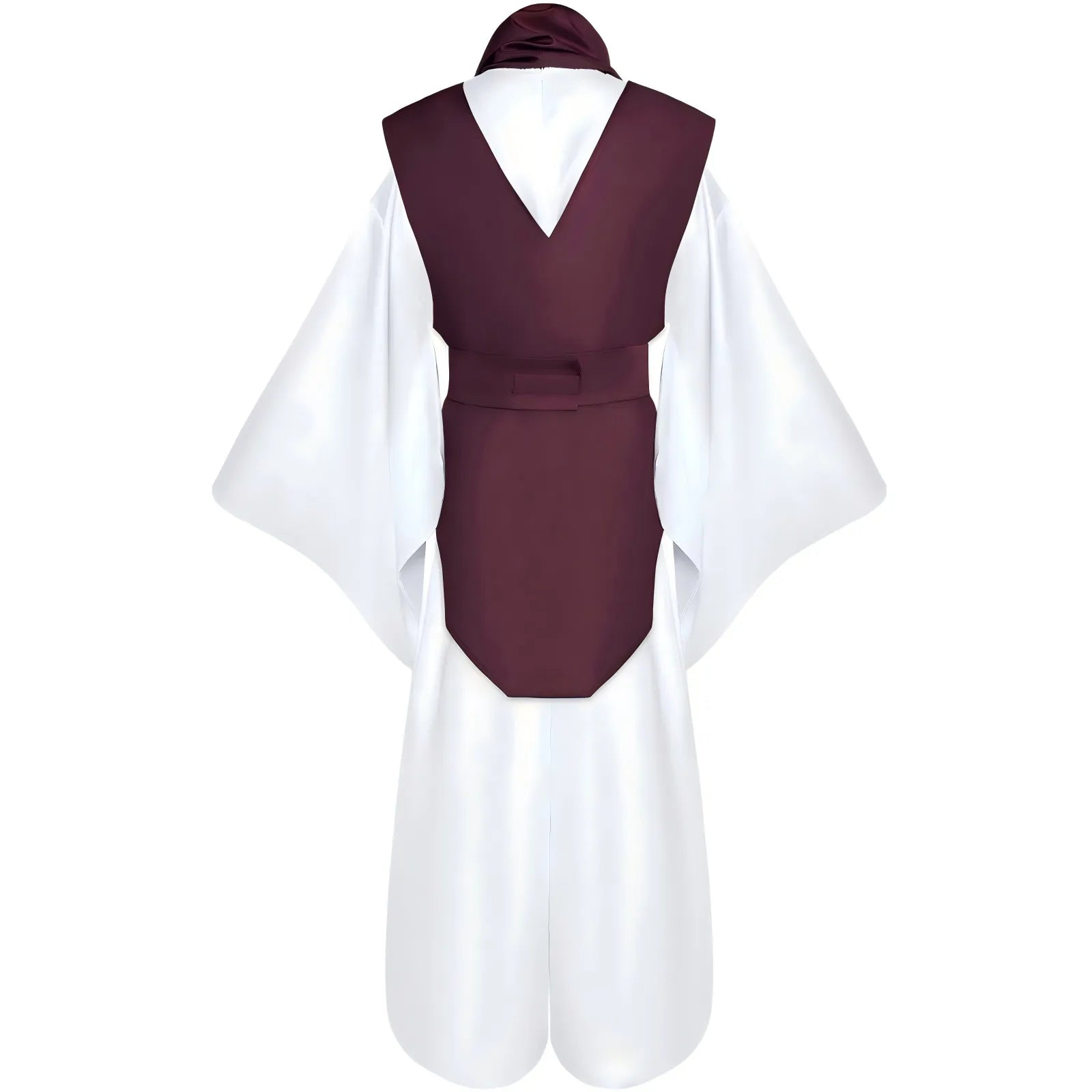 back view of choso cosplay costume, burgundy vest and white baggy trousers
