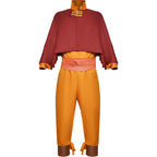 mannequin front view of standard aang cosplay set with burgundy cropped cape, orange shirt, sash and cropped trousers