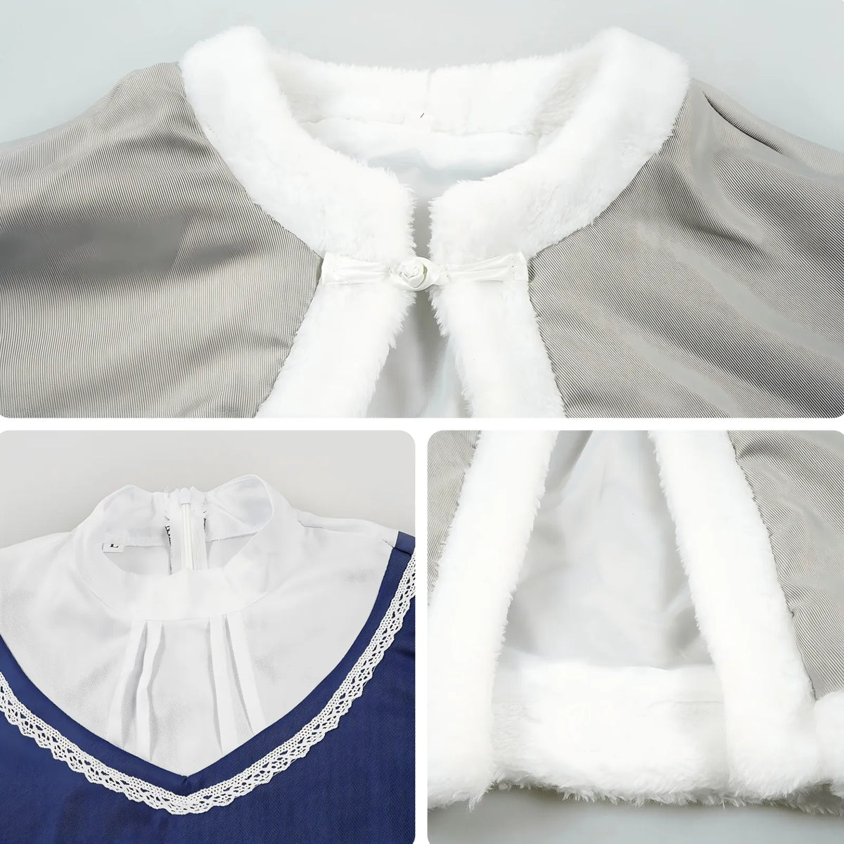 closeup details fern frieren cosplay coat fuzzy collar frog button inner top lace v-neck fabric