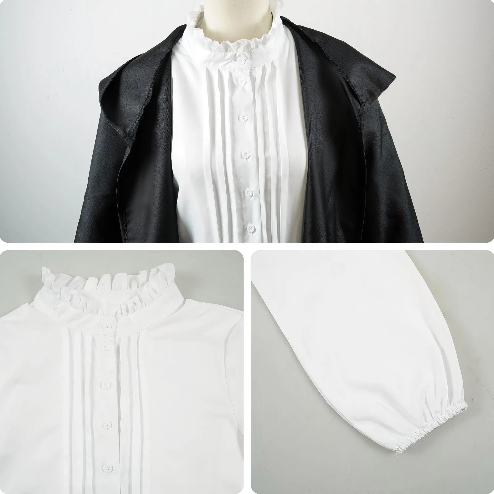 closeup details fern frieren cosplay white ruffle stand collar shirt buttons elastic cuffs black outer coat