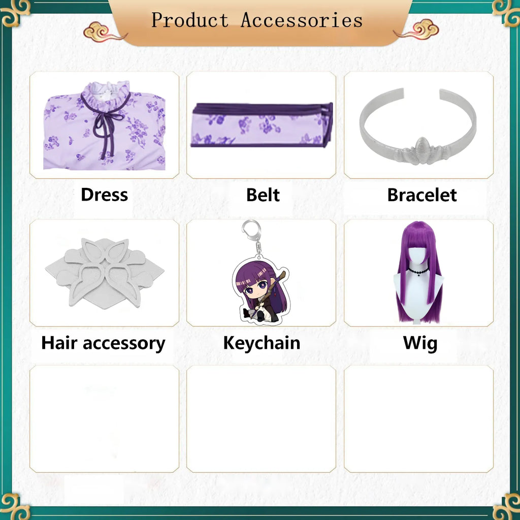 all supporting accessories for fern cosplay: dress, belt, bracelet, hair accessory, keychain, wig
