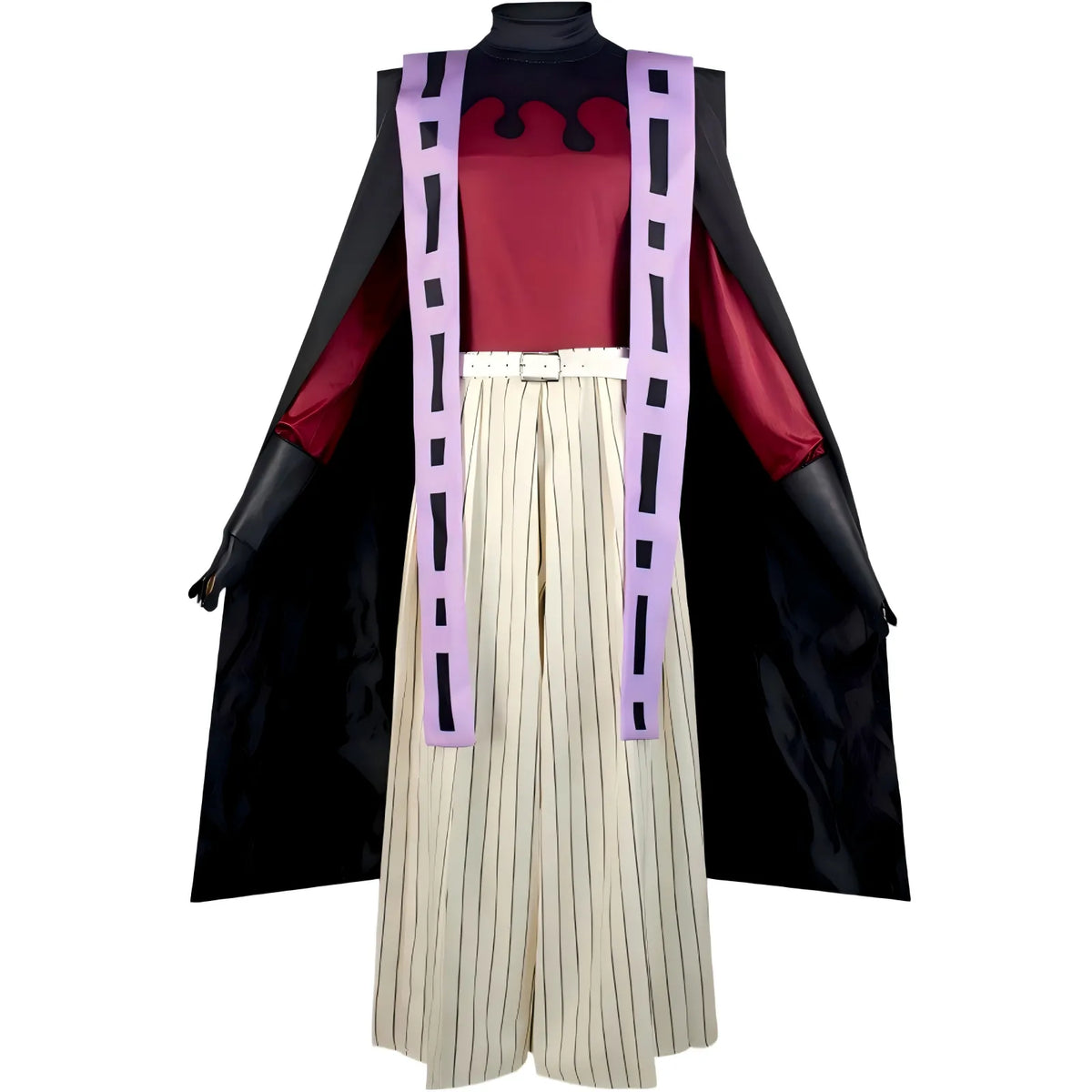 full front view of doma cosplay costume on dress form, red top and striped trousers