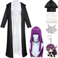 full fern frieren cosplay set black hooded robe white dress purple anime wig hair ornament keychain accessories