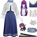 full fern frieren cosplay outfit blue long dress gray cropped coat matching purple anime wig all accessories